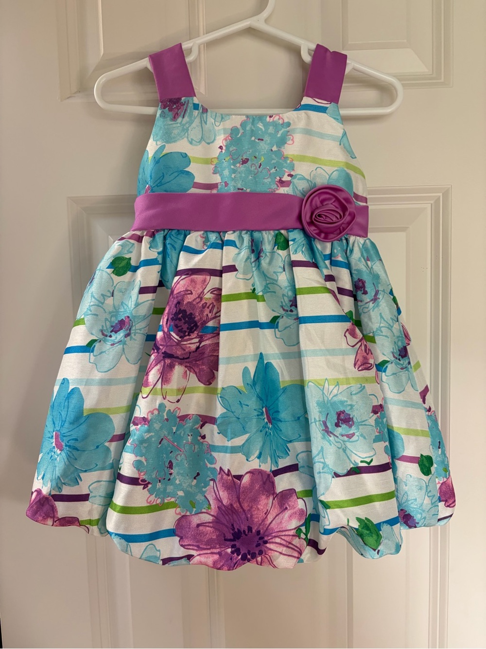 Jessica Ann Blue and Purple Floral Stripe Party Dress with Purple Sash